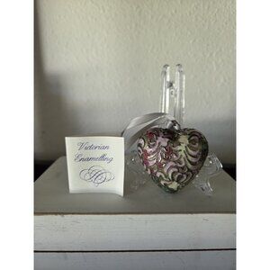 NYCO Victorian Enameling Puffy Heart Ornament 2" Hand Decorated Floral Vintage